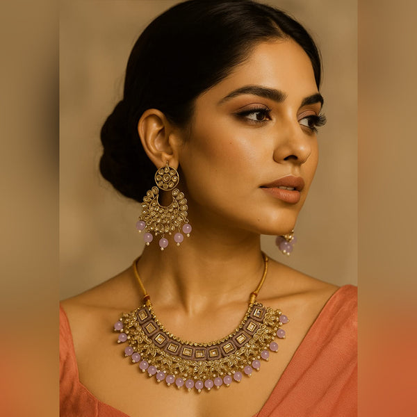 Elegant Gold-Tone Necklace & Earrings Set with Lavender Beads – Traditional Indian Jewelry