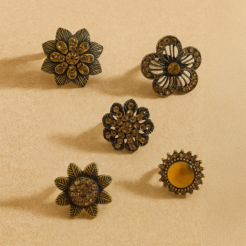 Vintage Floral Ring Set – Antique Gold Flower Statement Rings (Set of 5)