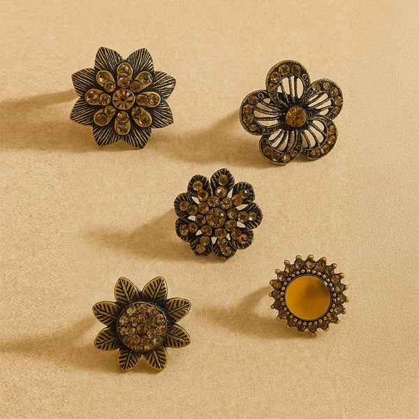 Vintage Floral Ring Set – Antique Gold Flower Statement Rings (Set of 5)