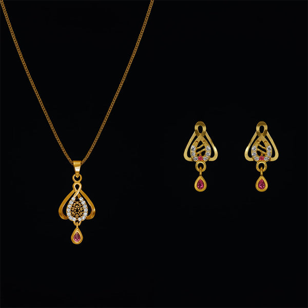 Elegant Gold Pendant Necklace & Matching Earrings Set with Ruby and Diamond Accents