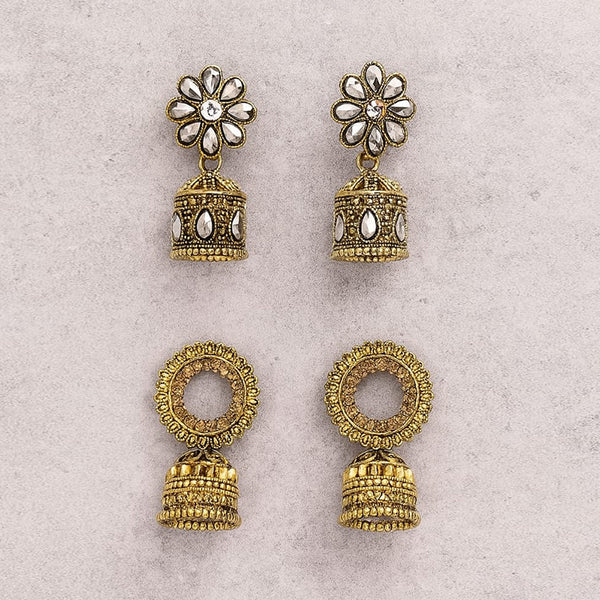 Traditional Jhumka Earrings Set – Antique Gold & Kundan Floral Design (Set of 2 Pairs)