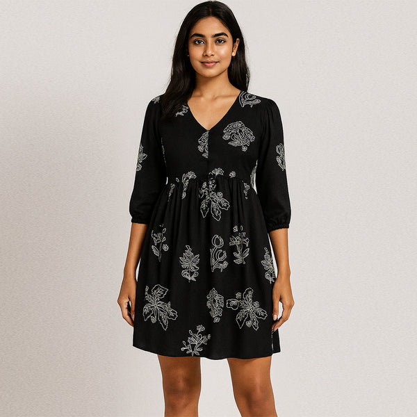 Women’s Black Floral Print Short Dress in Rayon Fabric