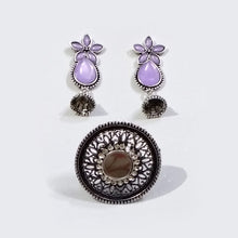 Trendy Purple and Red Stone Earrings & Ring Combo