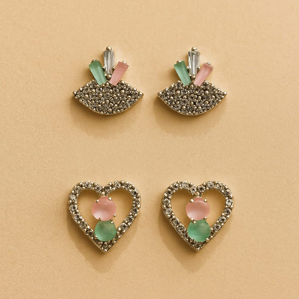 Set of 2 Sparkling Stud Earrings – Heart & Geometric Designs with Pink & Green Stones
