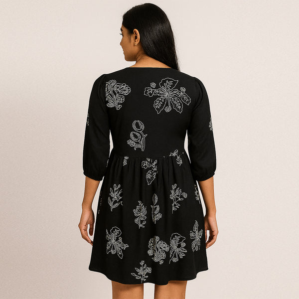 Women’s Black Floral Print Short Dress in Rayon Fabric