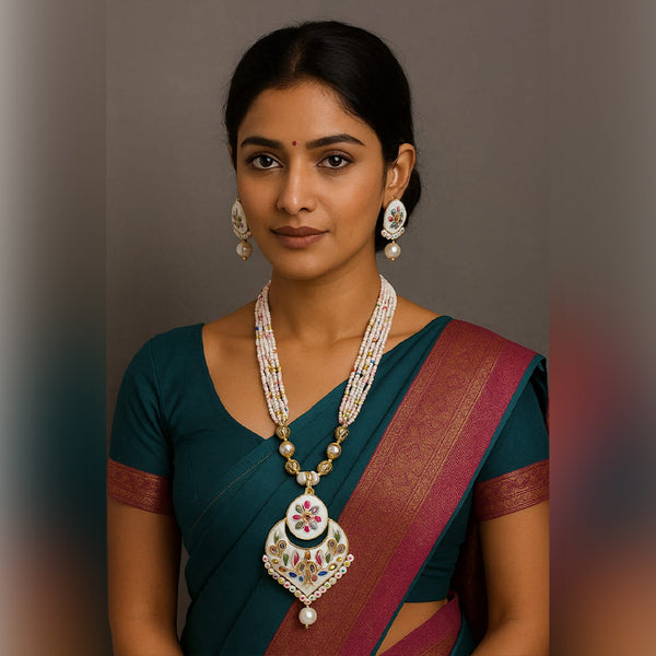 Traditional Hand-Painted Meenakari Necklace & Earrings Set with Pearl Accents