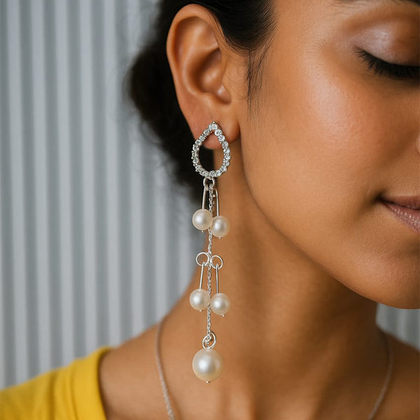Crystal & Pearl Chain Earrings – Elegant Long Dangle Style