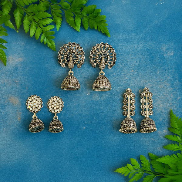 Elegant Oxidised Jhumka Trio Set