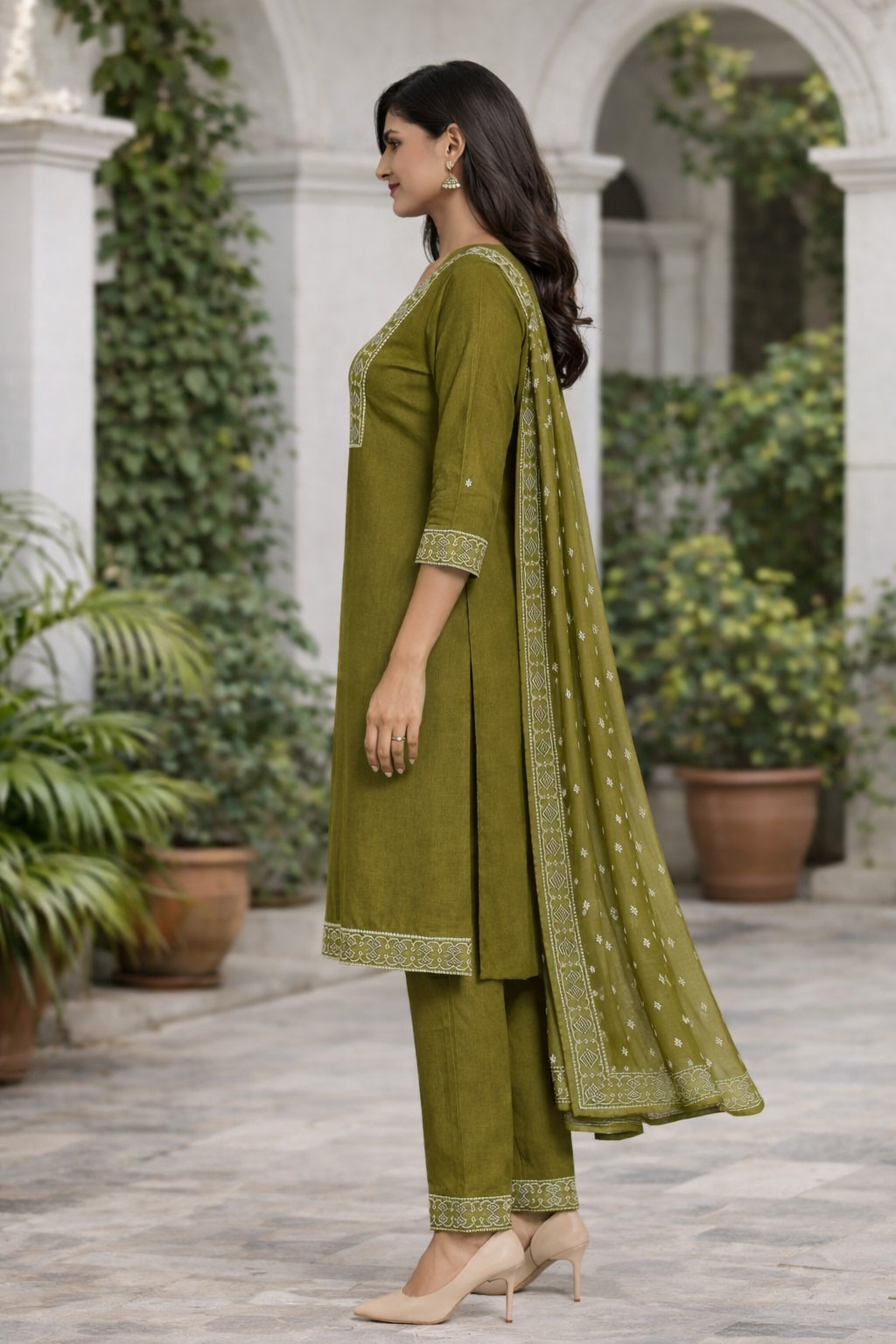 Olive Green Straight Kurti Set with Dupatta