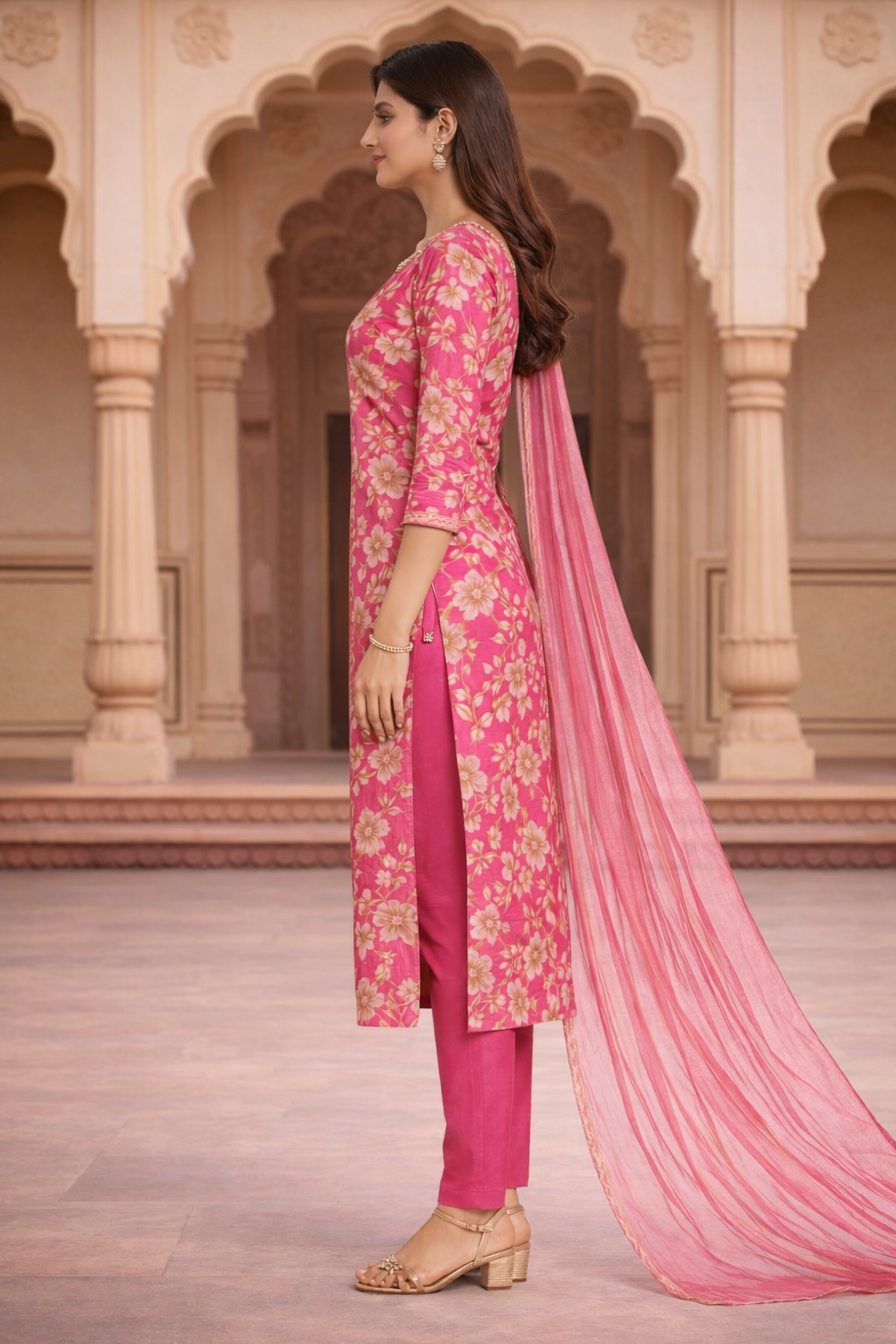 Pink Floral Kurti Set with Dupatta