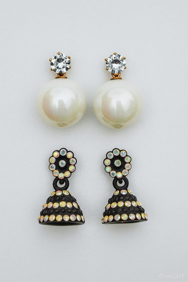 Elegant Dual-Style Earring Set – Pearl & Crystal Jhumka Combo