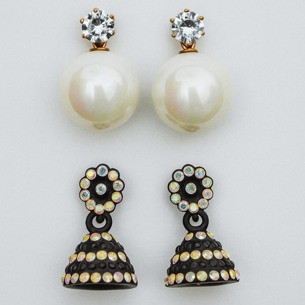 Elegant Dual-Style Earring Set – Pearl & Crystal Jhumka Combo