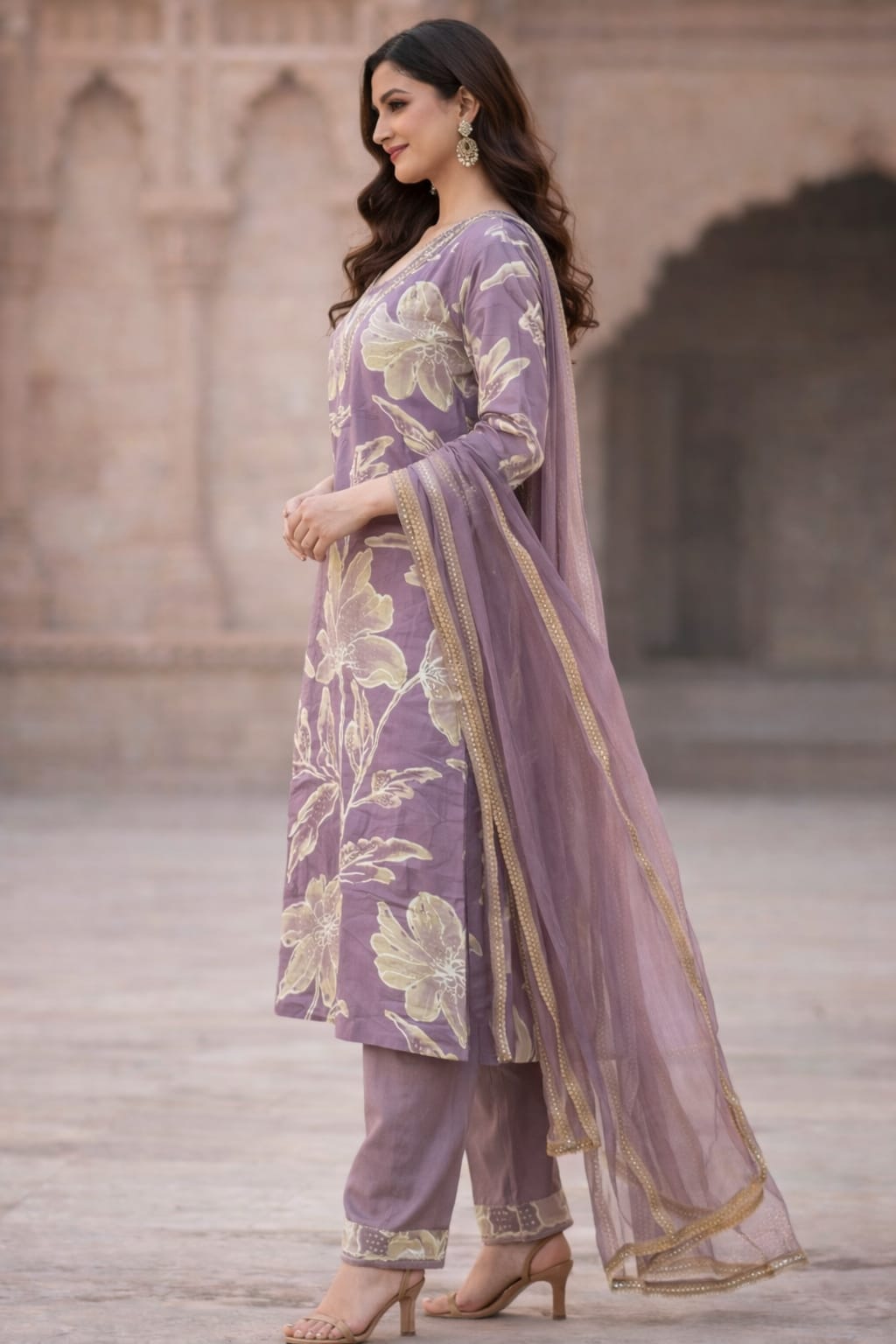 Mauve Floral Kurti Set with Dupatta