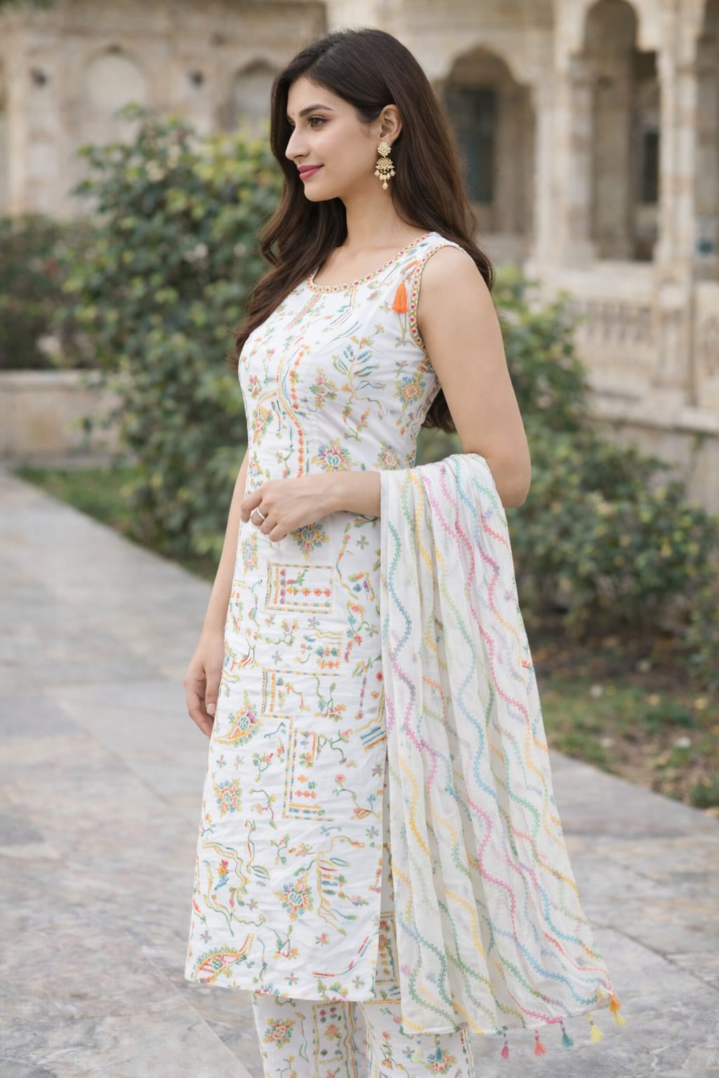 Pastel Printed Kurti Set with Multicolor Dupatta