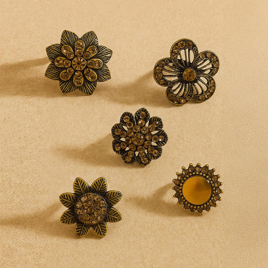 Vintage Floral Ring Set – Antique Gold Flower Statement Rings (Set of 5)