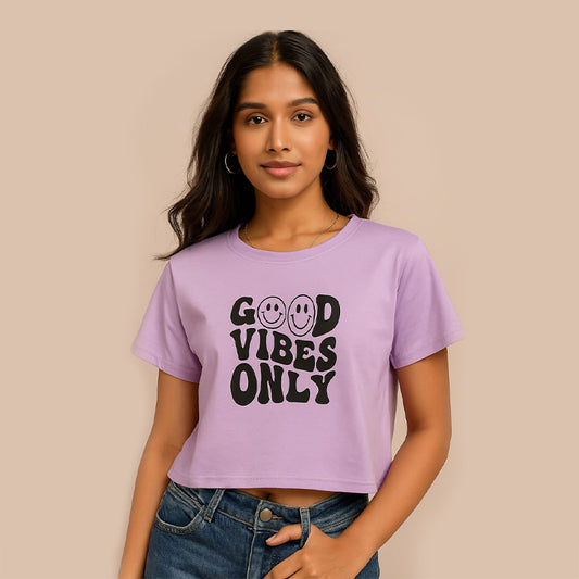A Trendy and Comfortable Crop T-Shirt Featuring the Bold “Good Vibes Only” Print.