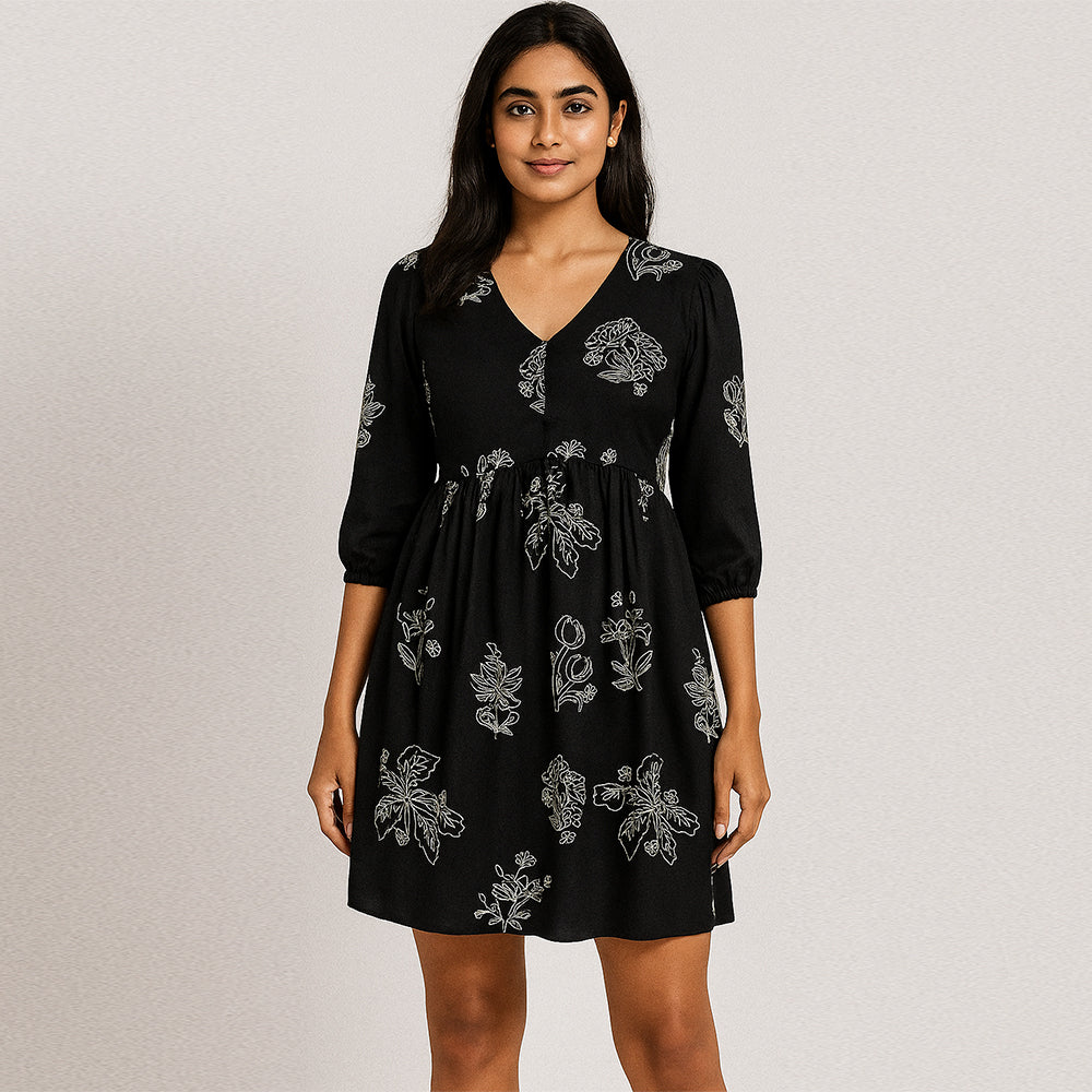 Women’s Black Floral Print Short Dress in Rayon Fabric