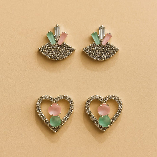 Set of 2 Sparkling Stud Earrings – Heart & Geometric Designs with Pink & Green Stones