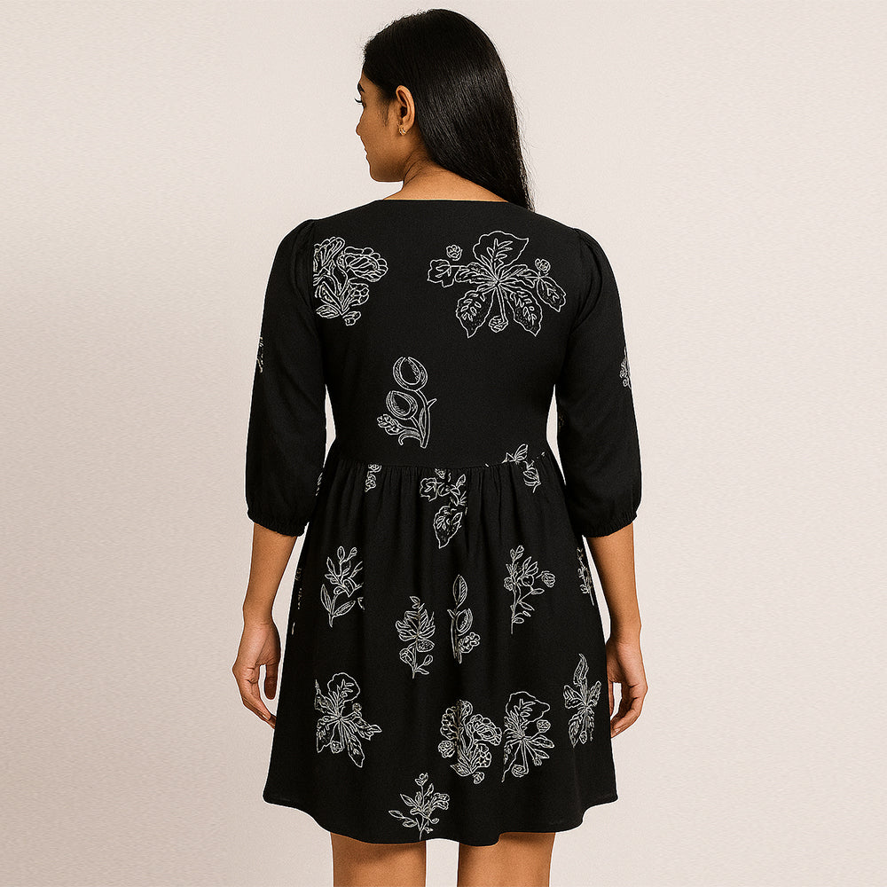 Women’s Black Floral Print Short Dress in Rayon Fabric