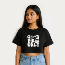 A Trendy and Comfortable Crop T-Shirt Featuring the Bold “Good Vibes Only” Print