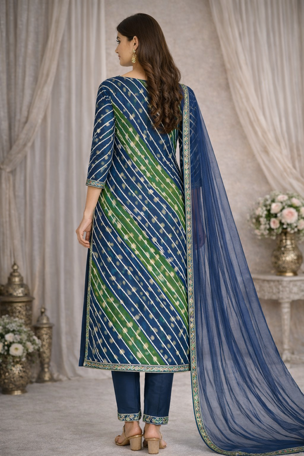 Blue-Green Ethnic Suit Set with Printed Dupatta