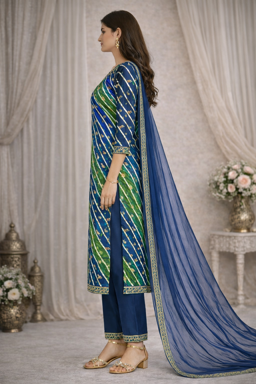 Blue-Green Ethnic Suit Set with Printed Dupatta