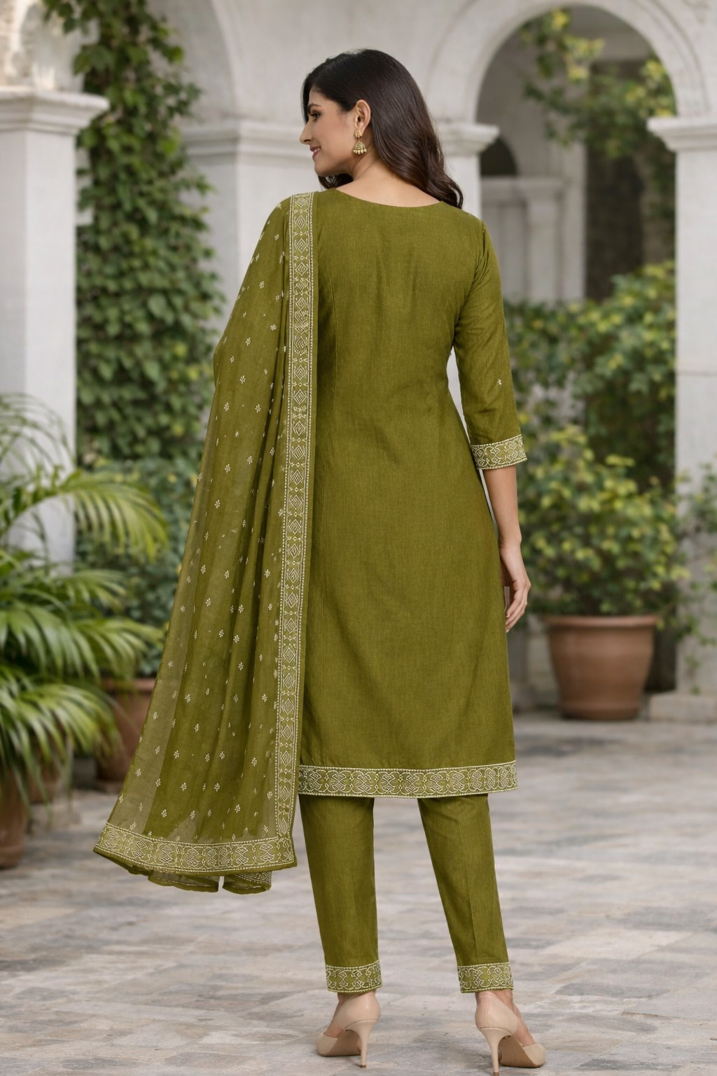Olive Green Straight Kurti Set with Dupatta