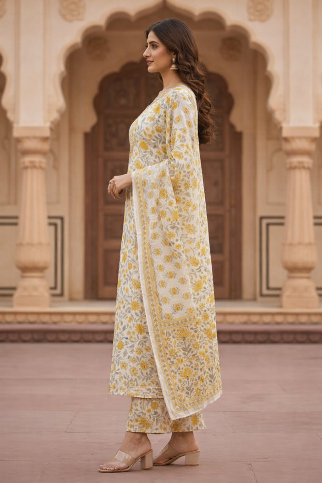 Mustard Floral Kurti Pant Dupatta Set