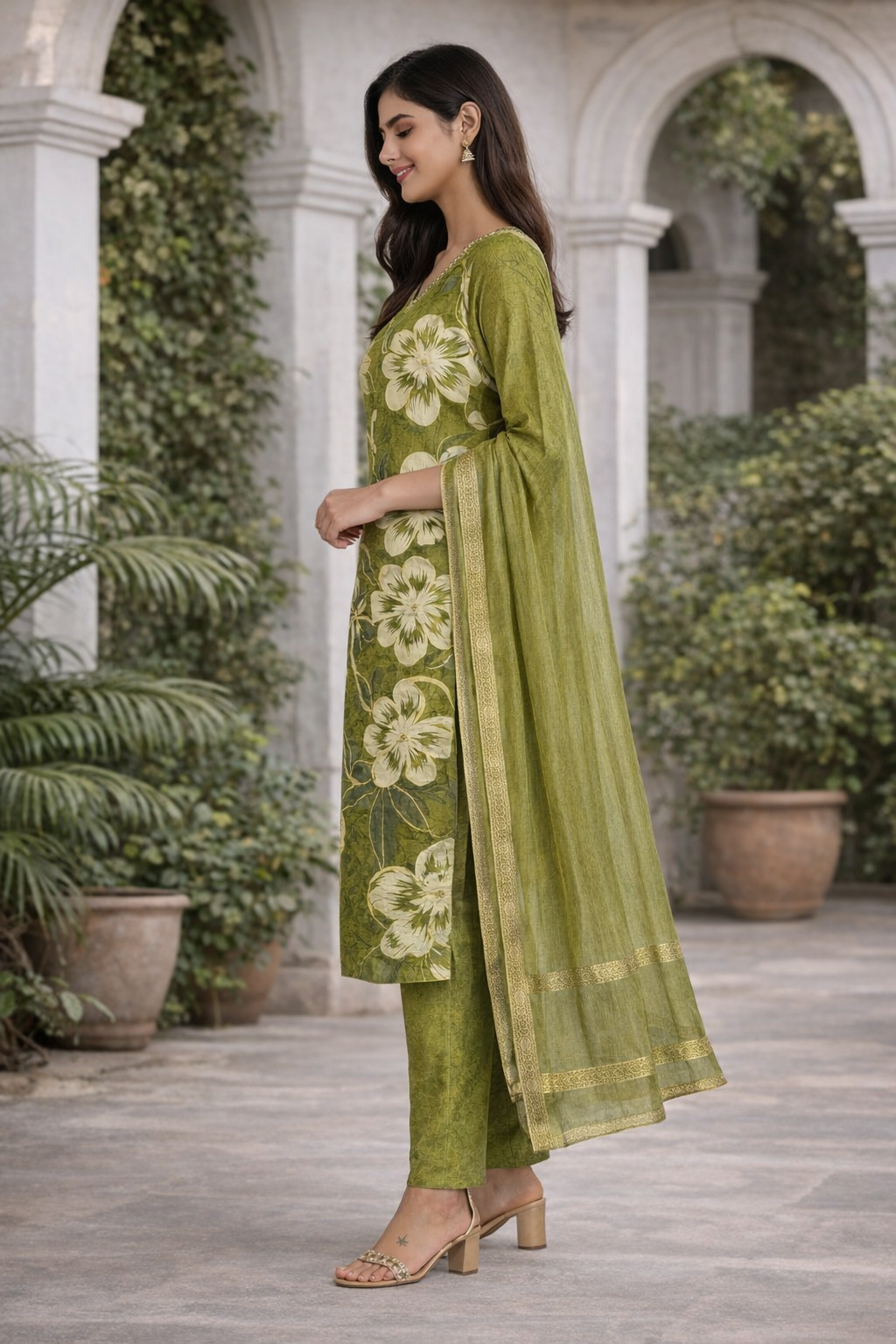 Olive Floral Kurti Set with Dupatta