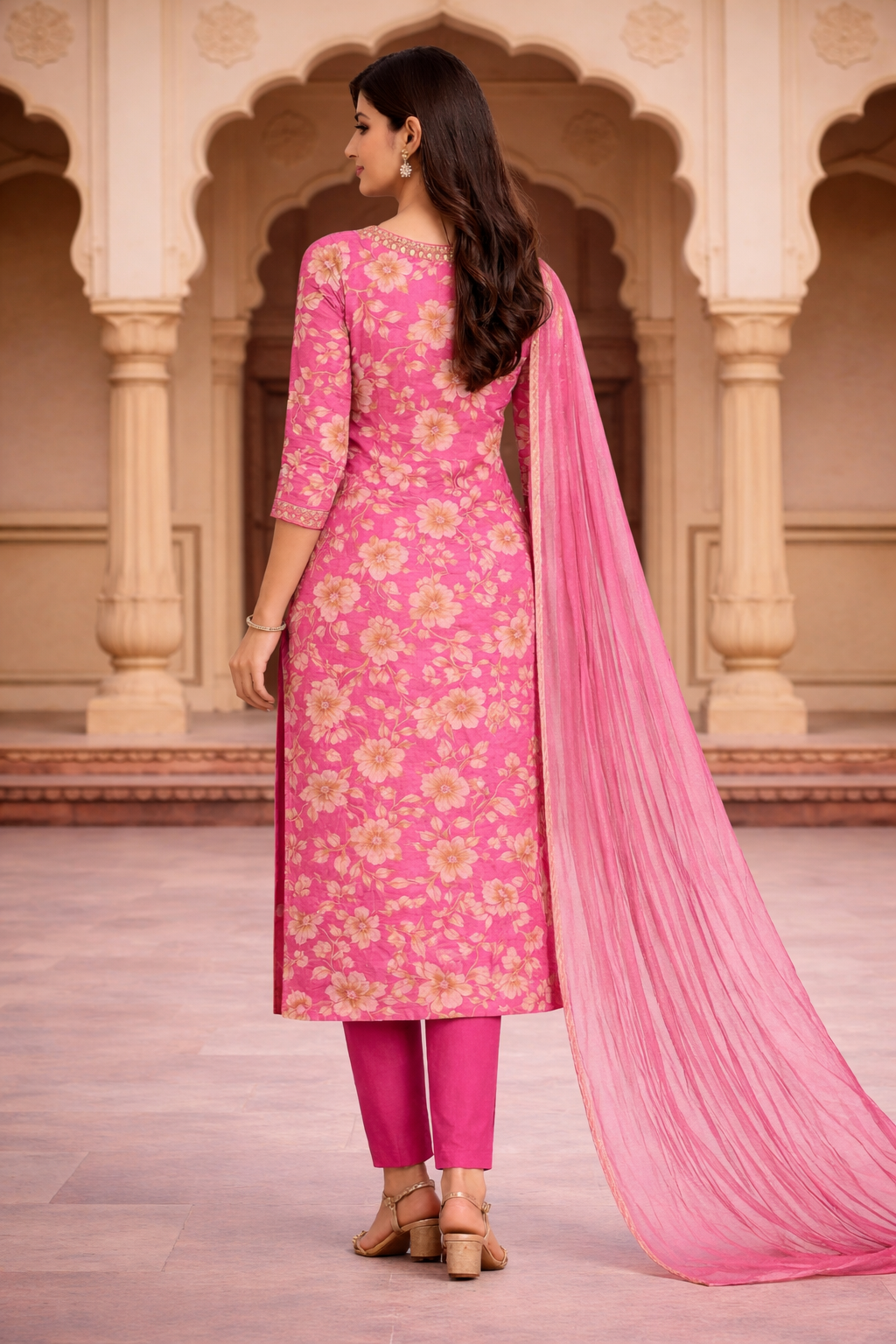 Pink Floral Kurti Set with Dupatta