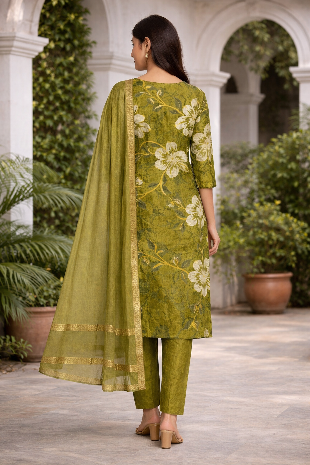 Olive Floral Kurti Set with Dupatta
