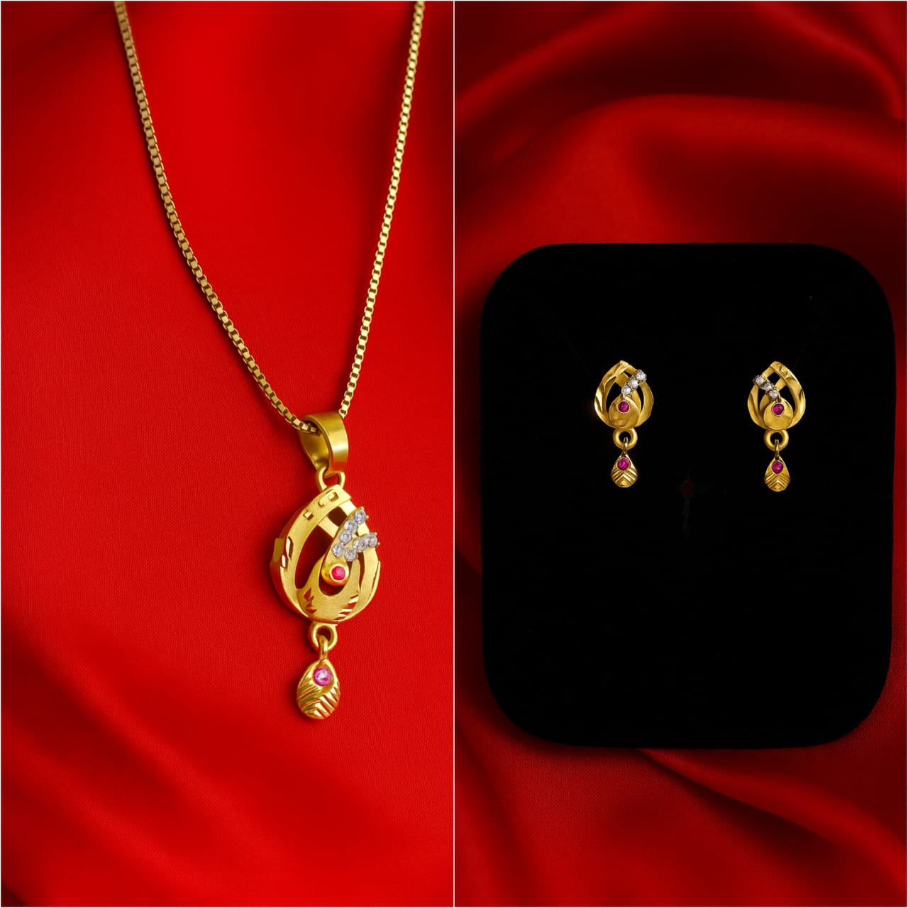 Gold-Plated Pendant and Earring Set with Pink and White Stone Accents