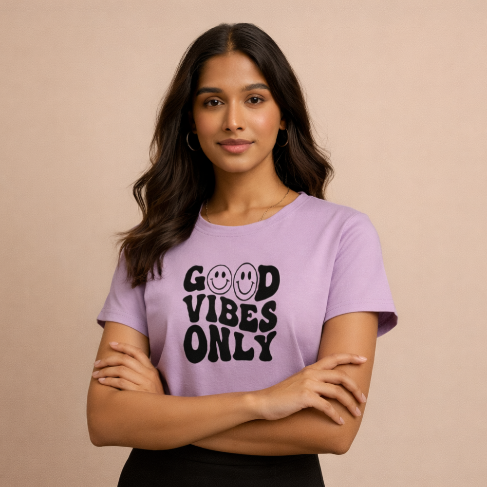 A Trendy and Comfortable Crop T-Shirt Featuring the Bold “Good Vibes Only” Print.