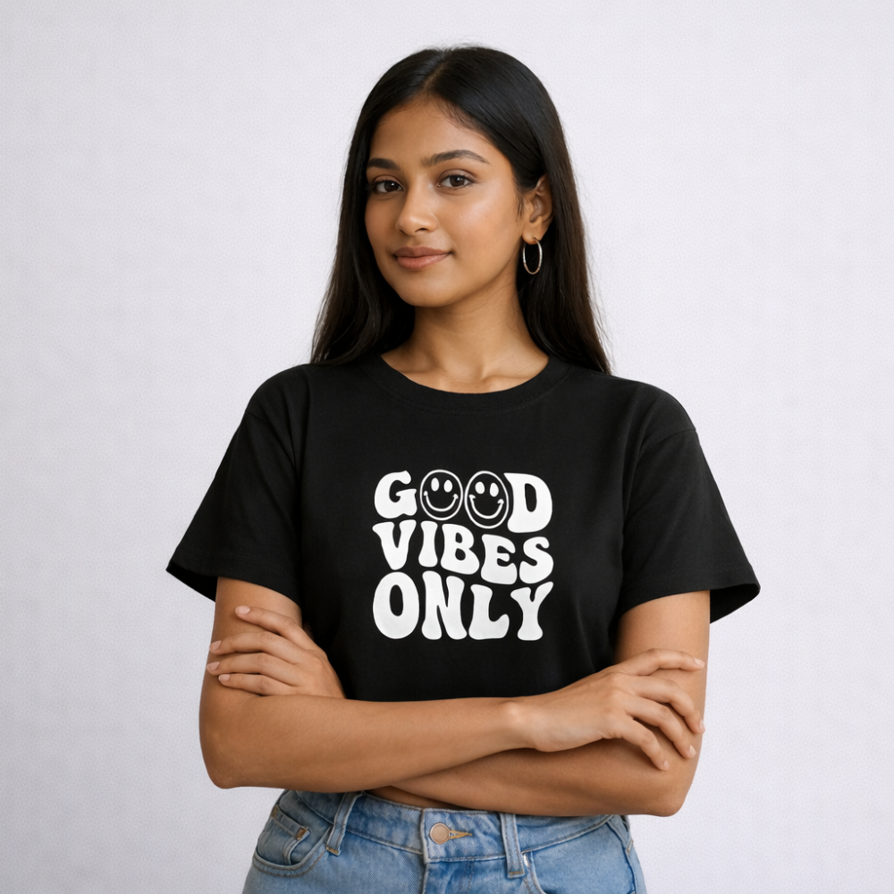 A Trendy and Comfortable Crop T-Shirt Featuring the Bold “Good Vibes Only” Print