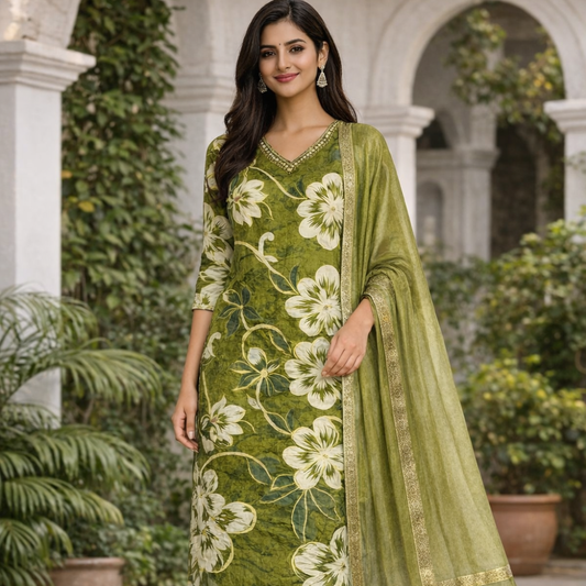 Olive Floral Kurti Set with Dupatta
