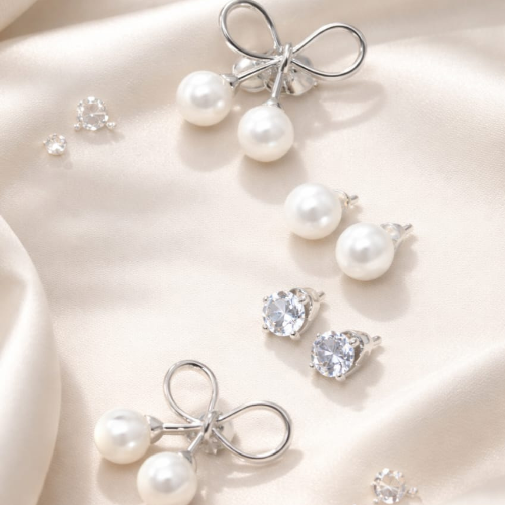 Elegant Pearl & Crystal Earrings Set