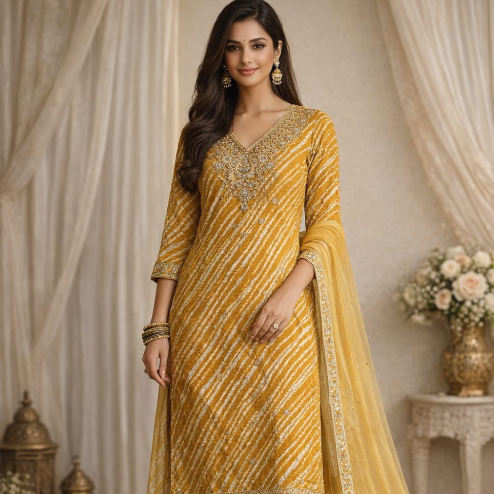 Mustard Yellow Embroidered Kurti Set with Dupatta