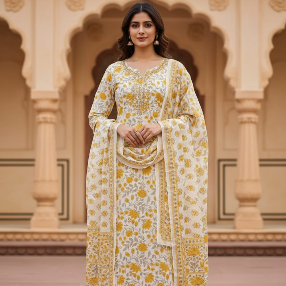 Mustard Floral Kurti Pant Dupatta Set