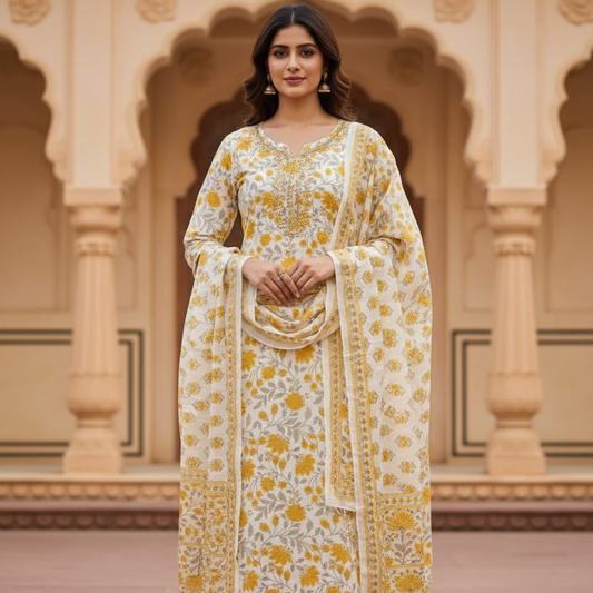 Mustard Floral Kurti Pant Dupatta Set
