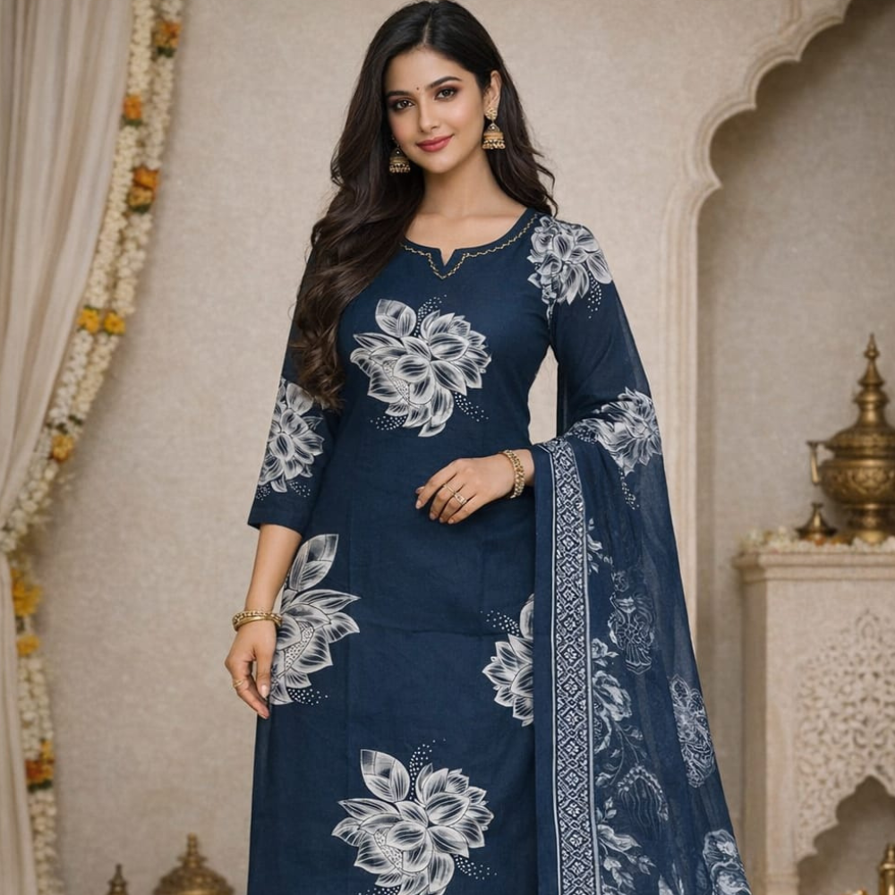 Classic Blue Floral Kurti Set with Dupatta