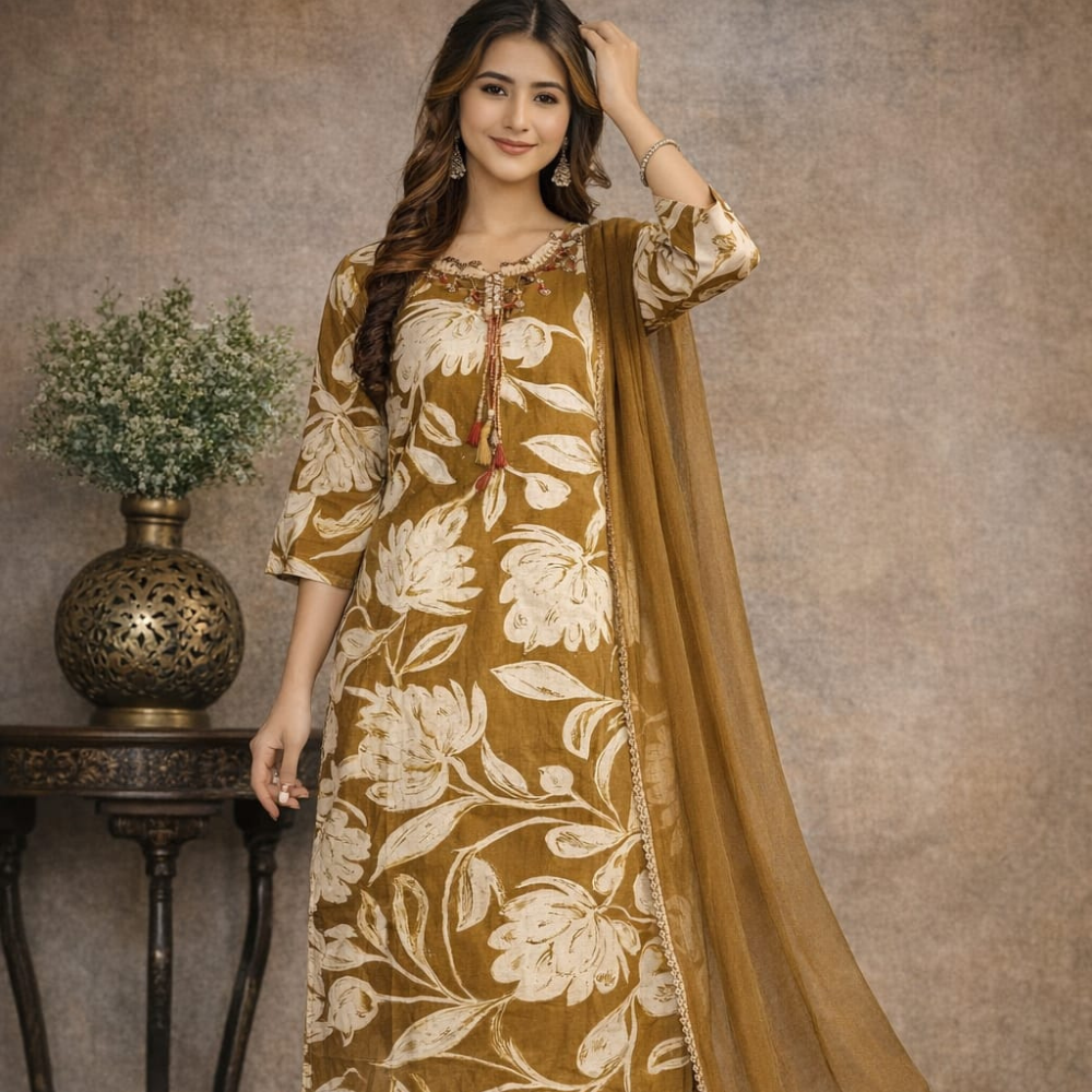 Golden Earth Floral Suit Set with Dupatta