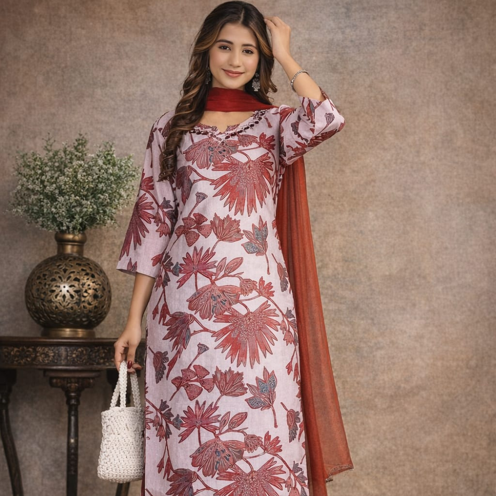 Blush Red Floral Kurti Set with Dupatta