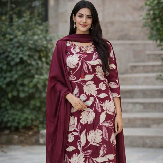 Royal Wine Floral Kurti Set with Dupatta