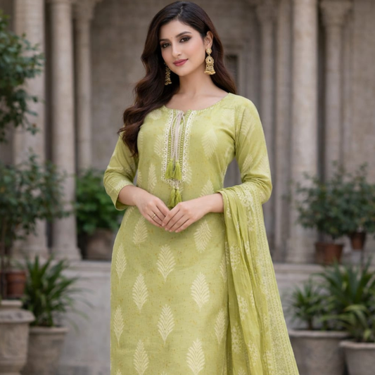 Fresh Lime Elegance Kurti Set with Dupatta