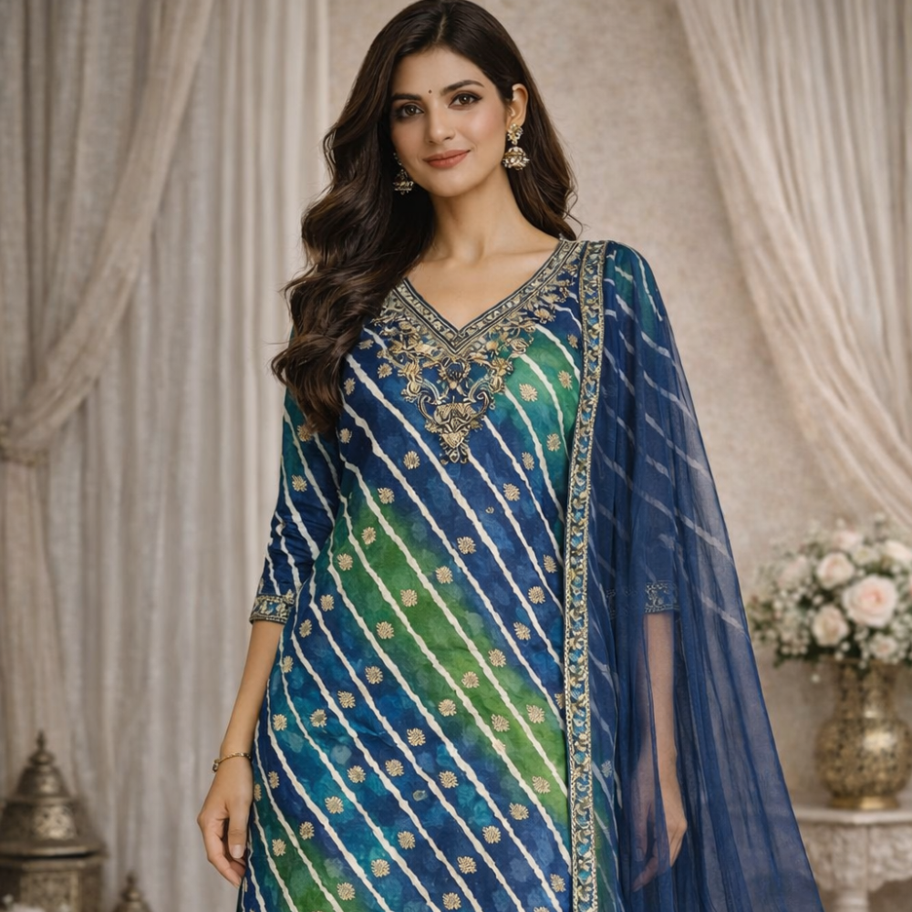 Blue-Green Ethnic Suit Set with Printed Dupatta