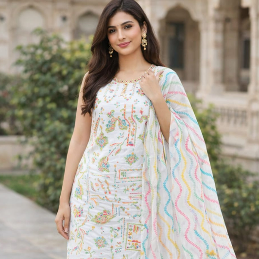 Pastel Printed Kurti Set with Multicolor Dupatta