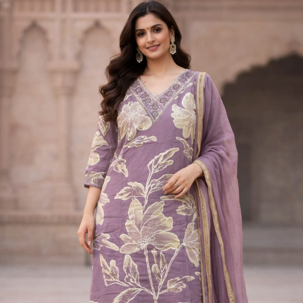 Mauve Floral Kurti Set with Dupatta
