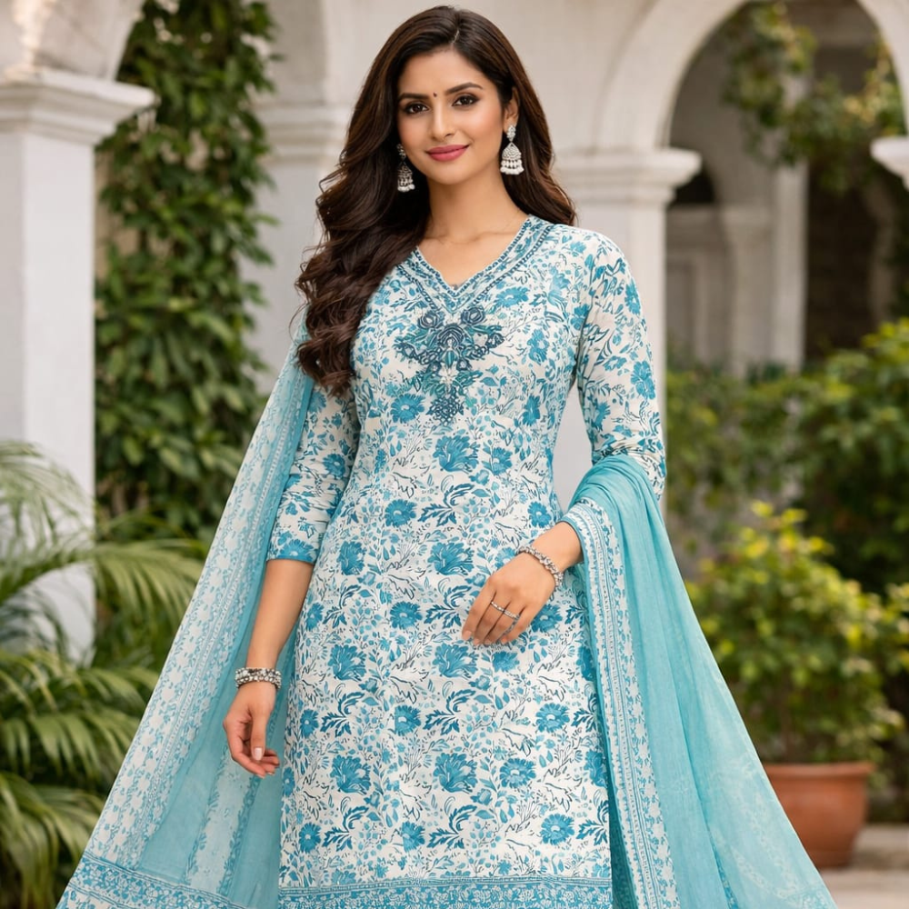 Teal Floral Kurti Set with Matching Dupatta