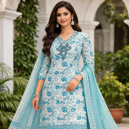 Teal Floral Kurti Set with Matching Dupatta