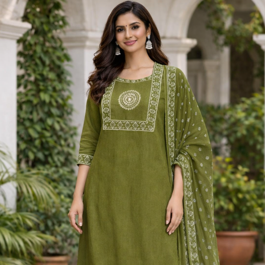 Olive Green Straight Kurti Set with Dupatta
